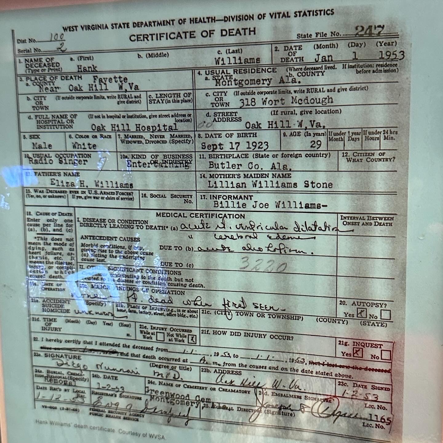 Hank Williams death certificate